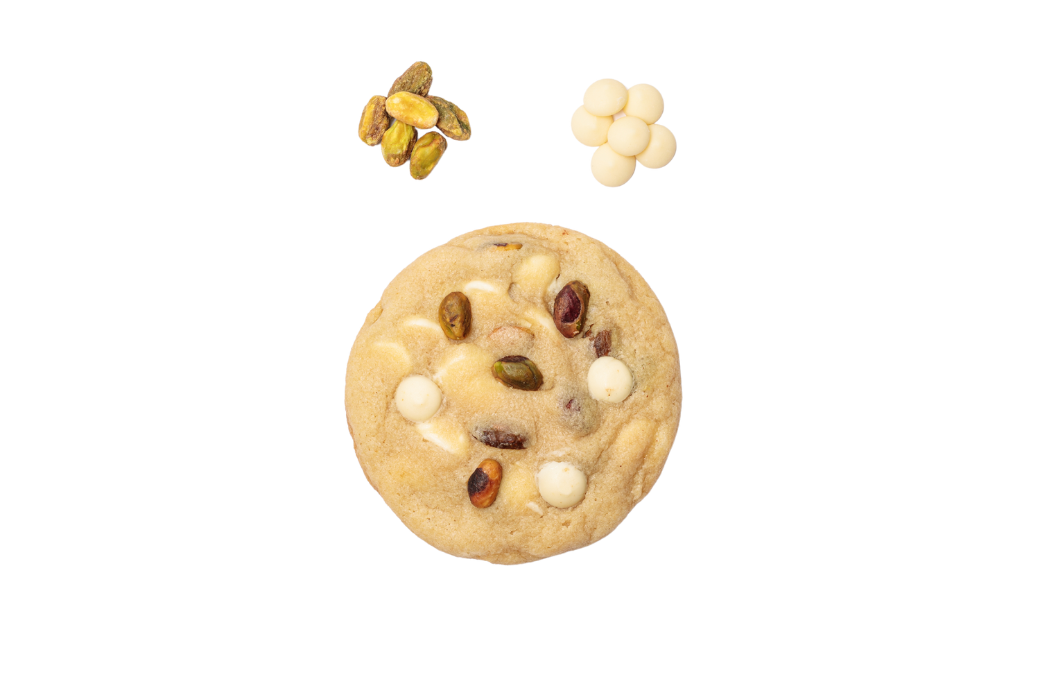 Luxurious pistachio cookies infused with creamy Belgian white chocolate, offering a perfect blend of nutty crunch and smooth, velvety sweetness in every bite