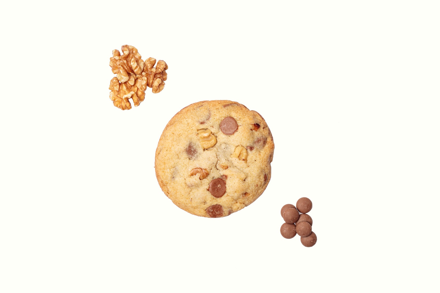 Decadent walnut cookies with smooth Belgian milk chocolate, blending crunchy walnuts and rich, creamy chocolate for a luxurious and indulgent treat