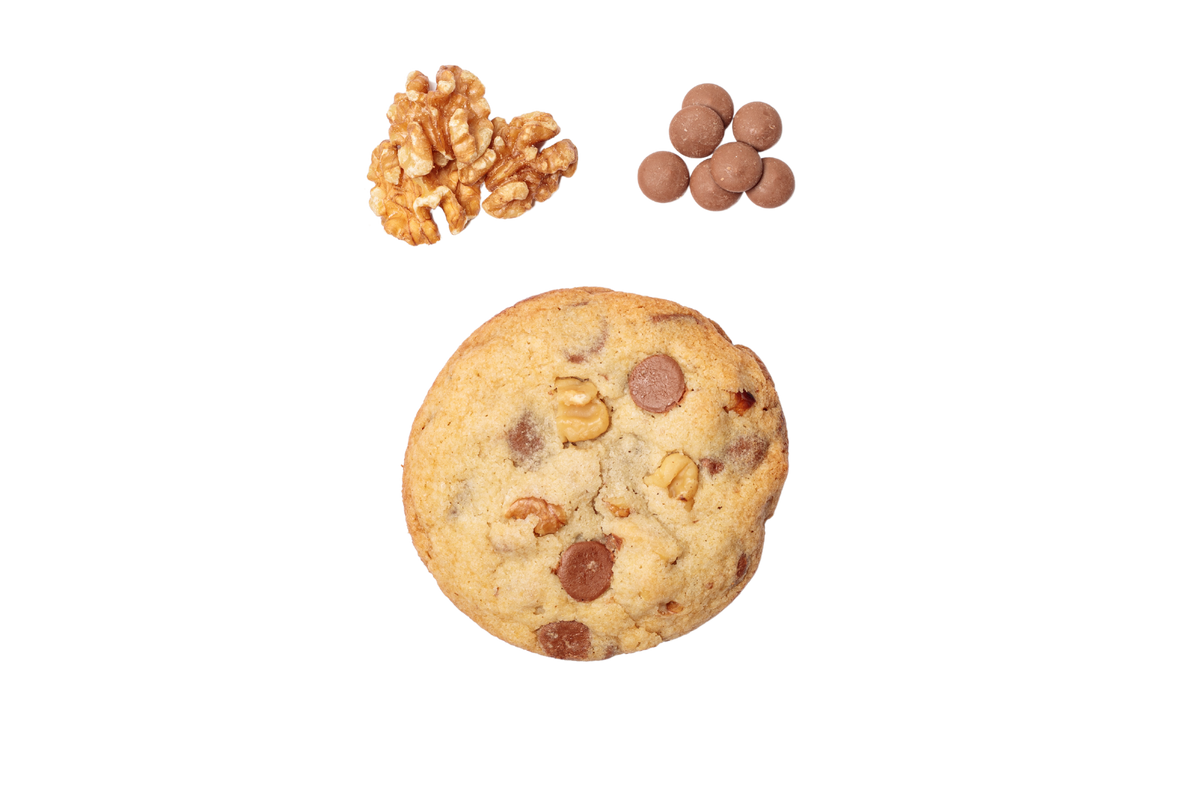 Rich and buttery walnut cookies with premium Belgian milk chocolate, combining crunchy walnuts with smooth, creamy chocolate for a perfectly indulgent treat